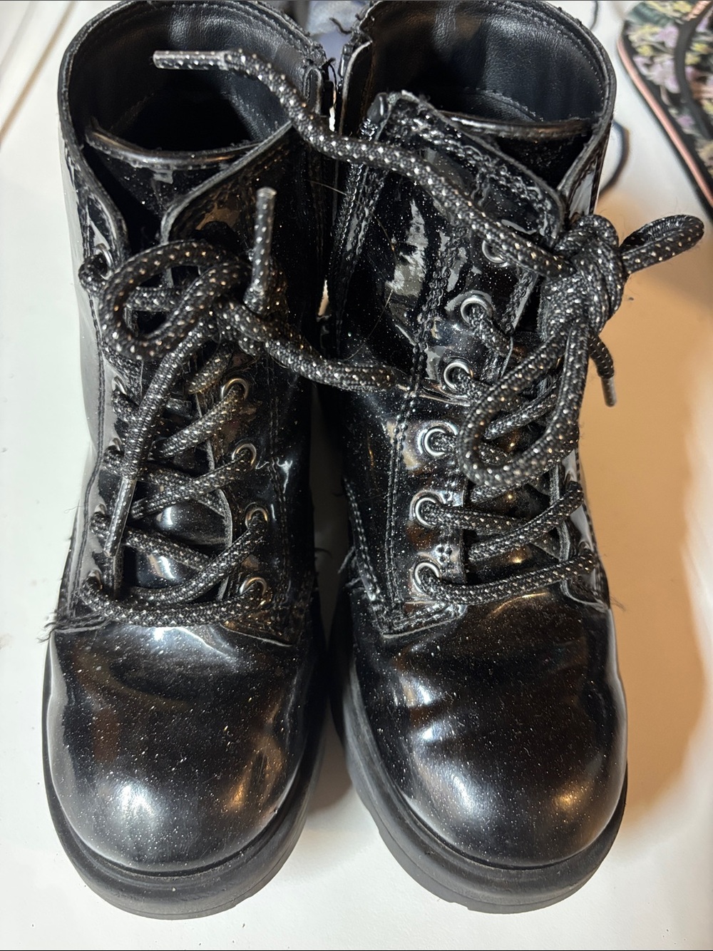 Old Navy Black Patent Lace-Up Kids Boots with side zipper